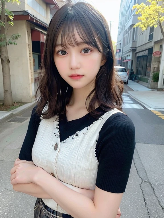 (top-quality、8k、32k、​masterpiece、UHD:1.2)、1girl in、beautiful japanese female、big breasts thin waist、Aligned bangs、Tight white tops、Black miniskirt、20yr old、Coming down the brick stairs、（Bite Pose:1.2)、(smil:1.2)、