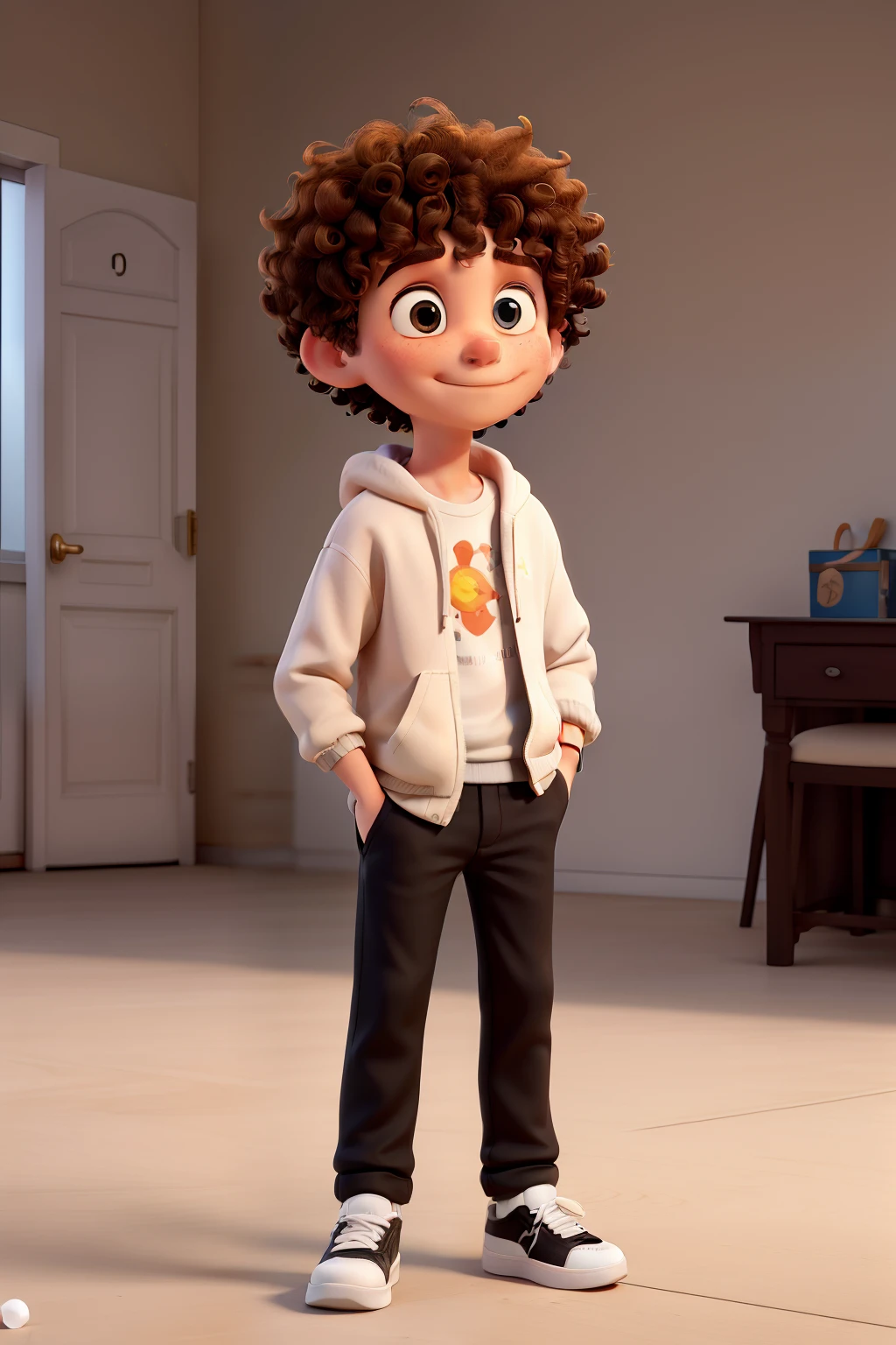 Imagine a boy with short, curly hair and a blonde color.. Her eyes are honey colored with a slightly light tint., wearing a sweatshirt, black long pants and white Jordan shoes with red details on the heel. His skin color is light but not so much because of the sun he gets daily., seu rosto e limpo e sem espinhas.