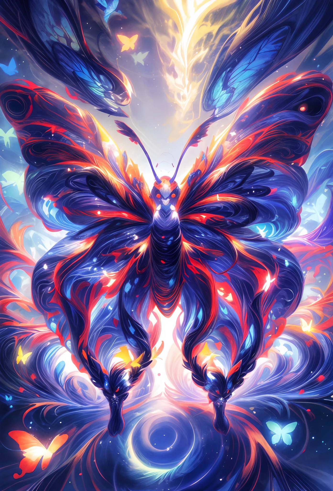 There is a butterfly,Luminescence,Highly detailed, Beautiful digital artwork, iridescent wings,, Detailed fanart, starlights,rays of moonlight, Mysterious butterfly, Exquisite digital illustration, Beautiful digital illustration, ethereal wings, Official artwork, Starlight Butterfly,Center composition,symetrical composition,Butterflies are the focal point,super wide shot,超高分辨率