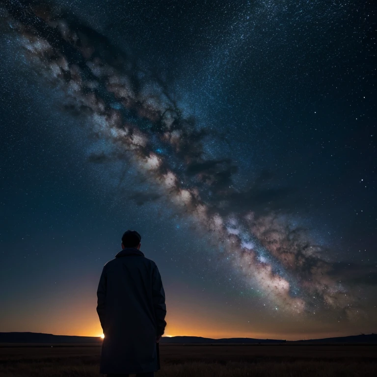 A man standing on the plain,look at the stars,wide wide shot,milky ways,giant saturn
