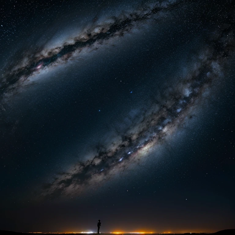 A man standing on the plain,look at the stars,wide wide shot,milky ways,giant saturn