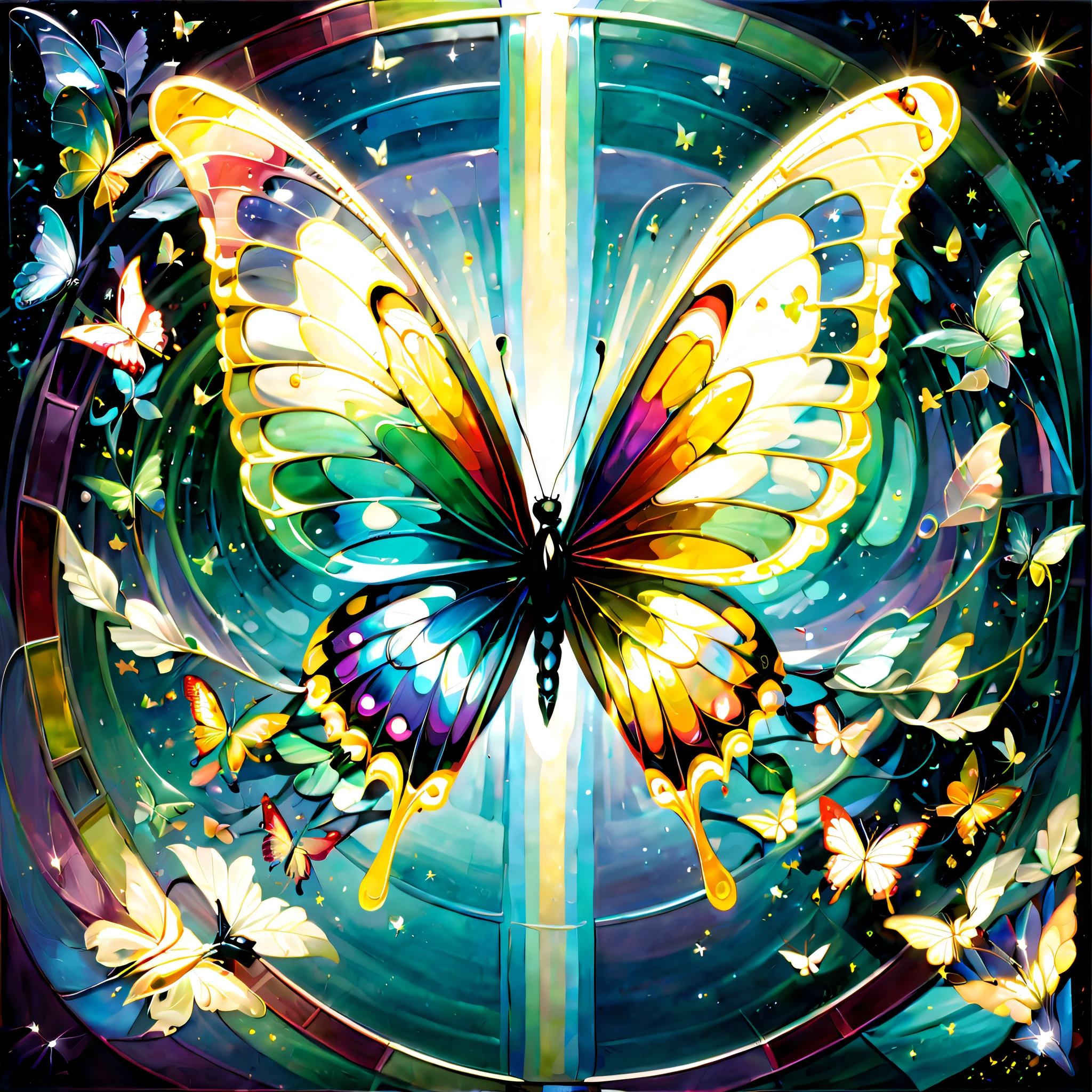 abstract paintings，moonlit background，1 rainbow butterfly spreads its wings and flies high, (Solo), panfuturism, butterfly pop art, Butterfly, stained glass wings, clear crystal butterfly, Transparent wings, Translucent wings, , Butterfly wings, Mechanical butterfly, In the style of flat illustration, iridescent wings，Center composition，symetrical composition，Butterflies are the focal point，super wide shot，超高分辨率，Firefly butterflies are composed of circles