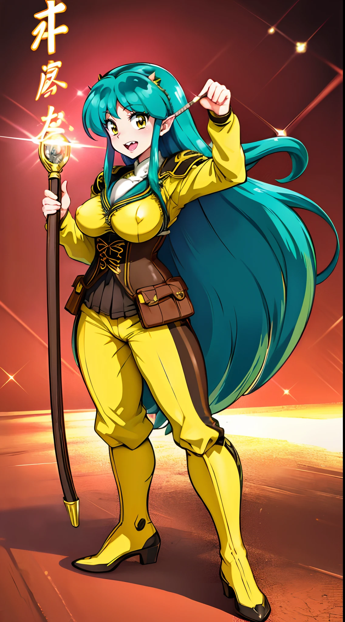 masterpiece, best quality,, corset, breastplate,lum, , urusei yatsura, cloak, pants, pullover kimono,martial pov,, pantyhose, sharpteeth, standing,smile, matial art,, full body, boots , pant, medium breast, pants, pullover,martial pov,god rays, ray tracing, sparkle, cinematic lighting, UHD, retina, masterpiece, ccurate, anatomically correct, textured skin, super detail, high details, high quality, award winning, best quality, highres, 1080P, HD, 4K, thunder aura, light aura, sharpteeth,, super powers, full body, standing, kimono