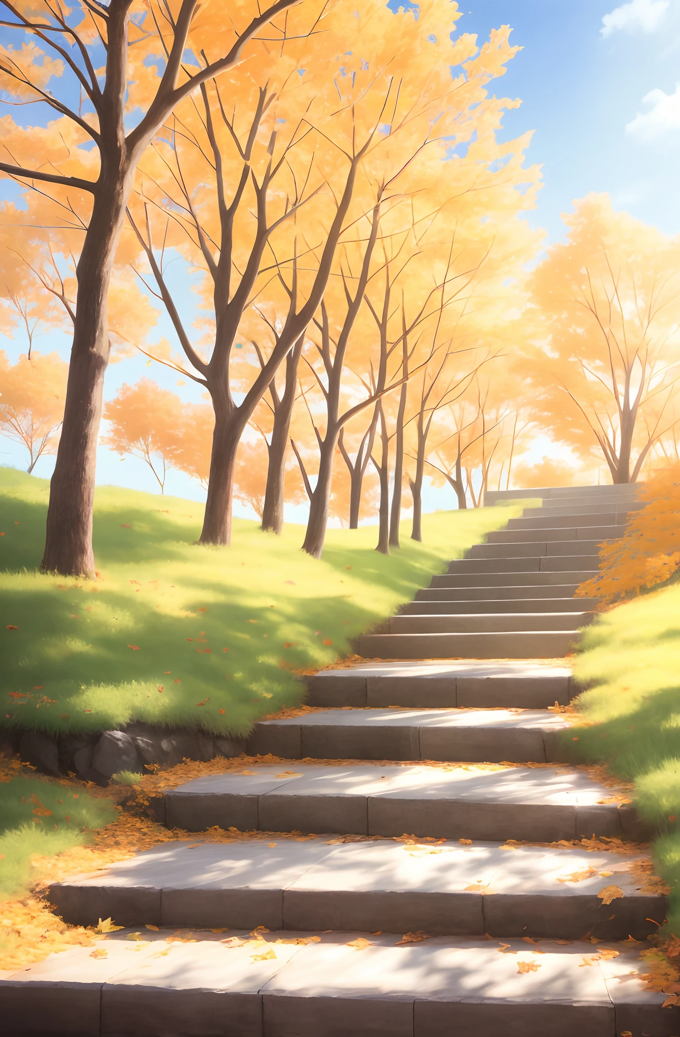 Detailed view – width 672, No construction appears,upward stairs,landscape artwork, by Shitao, Golden autumn, hyperrealistic fall, autumn period, in fall, soft autumn sunlight, author:heroes, autumnal, Makoto Shinkai's style, Popular topics on cgstation, Detailed explanation of landscape art