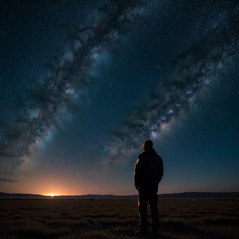 A scientist turned his back to us，looking at the stars