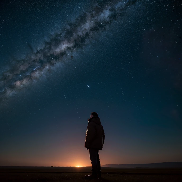 A man standing on the plain,look at the stars,wide wide shot,galactic,Giant Jupiter,giant saturn
