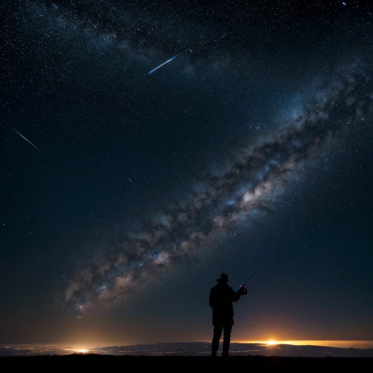A man standing on the plain,look at the stars,wide wide shot,galactic,Giant Jupiter,giant saturn