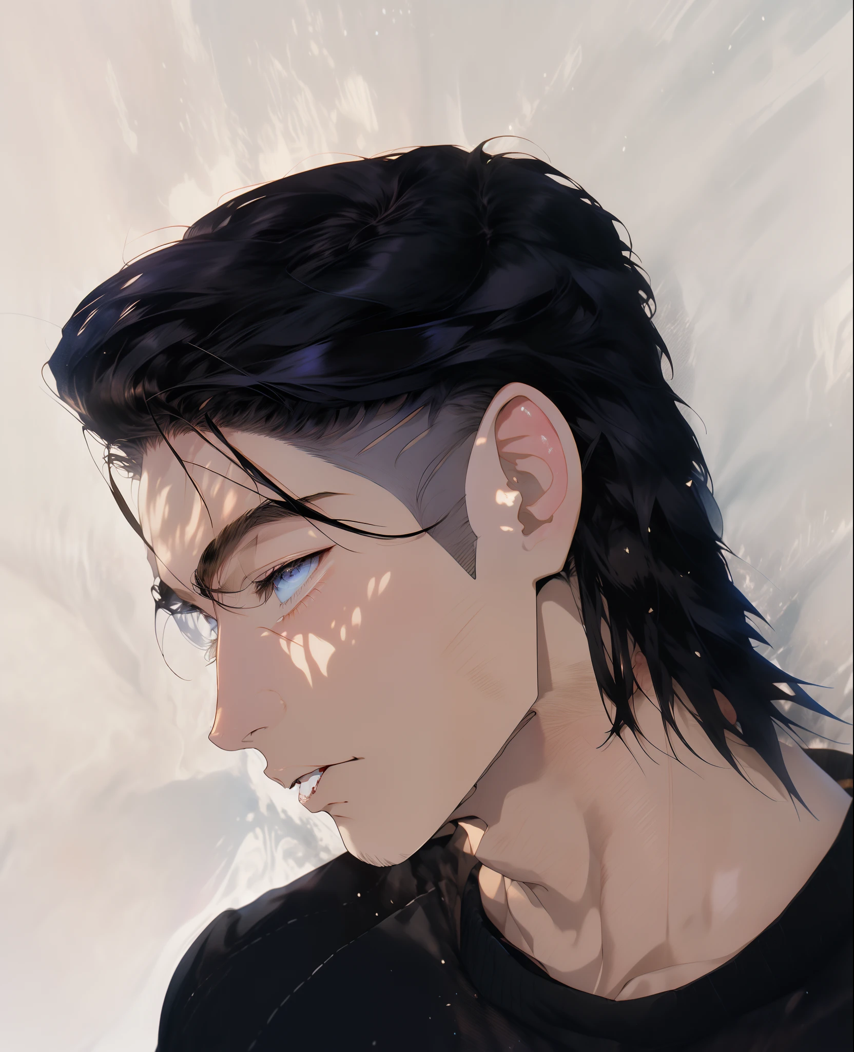 arafed man with long black hair and a black sweater, slick hair, undercut haircut, half shaved haircut, one side haircut, mullet long haircut, mid long hair, gregg araki, with short hair, short slicked - back hair, in style of kentaro miura, slicked black hair, mullet haircut, daisuke tsutsumi, anime style