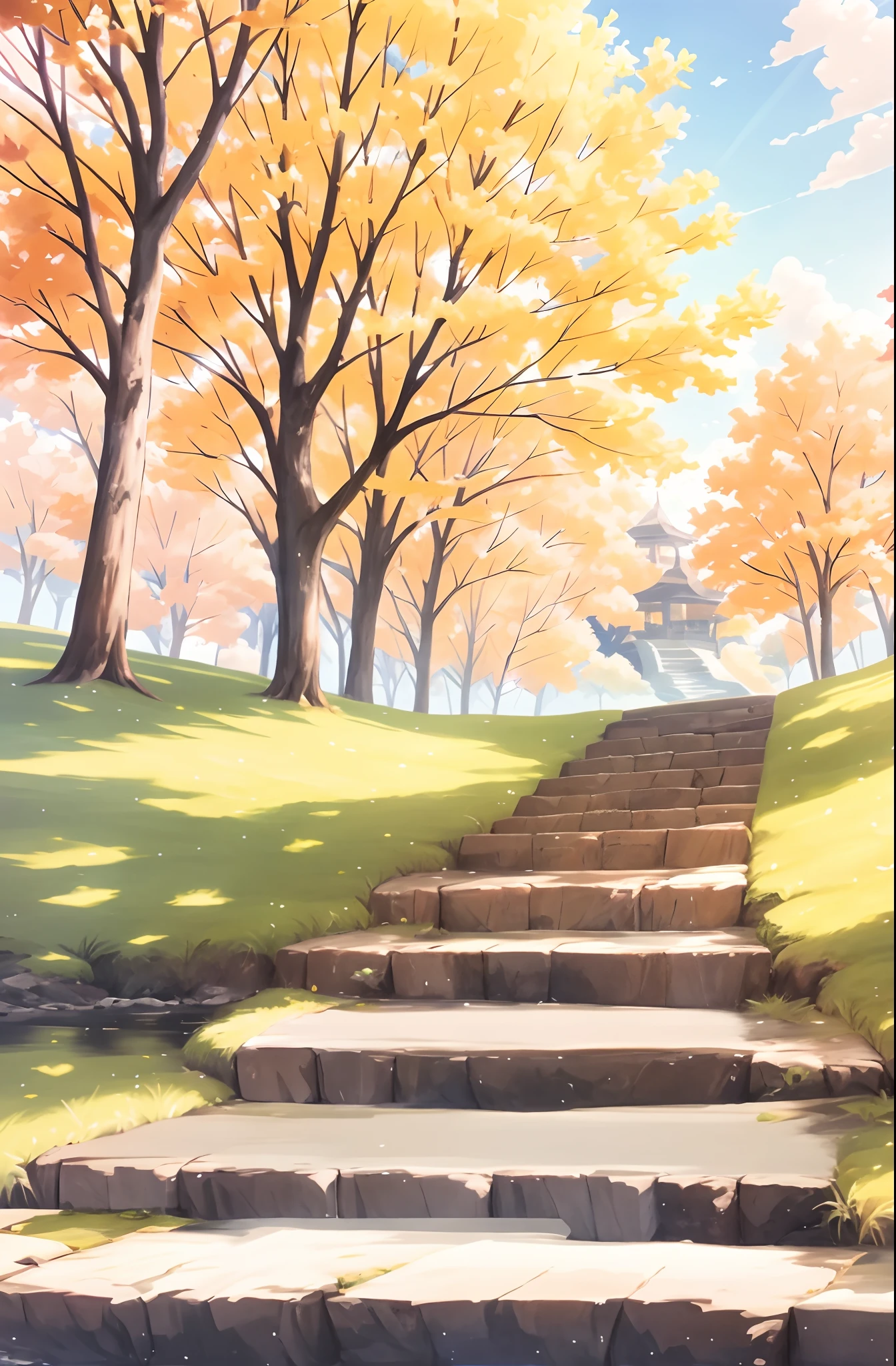 There is a painting of a stone staircase leading to the park, Anime background art, Anime countryside landscape, If there is no building,autumn leaves landscape, Anime beautiful peaceful scene, beautiful anime scenery, Anime landscape concept art, background artwork, landscape artwork, arte de fundo, Anime landscapes, beautiful anime scenes, Anime landscapes, drawn in anime painter studio, ross tran. scenery background