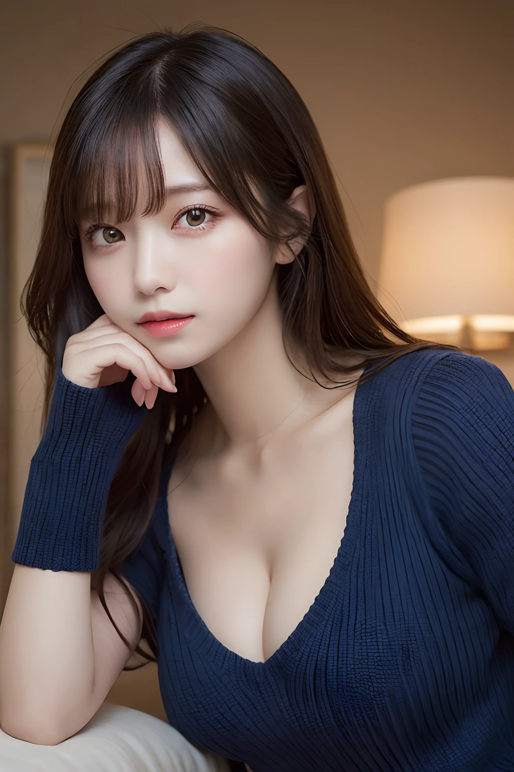 masutepiece, Best Quality, Illustration, Ultra-detailed, finely detail, hight resolution, 8K Wallpaper, Perfect dynamic composition, Beautiful detailed eyes, Natural Lip, Dark blue knitted dress , Same as, cleavage, Cross legs