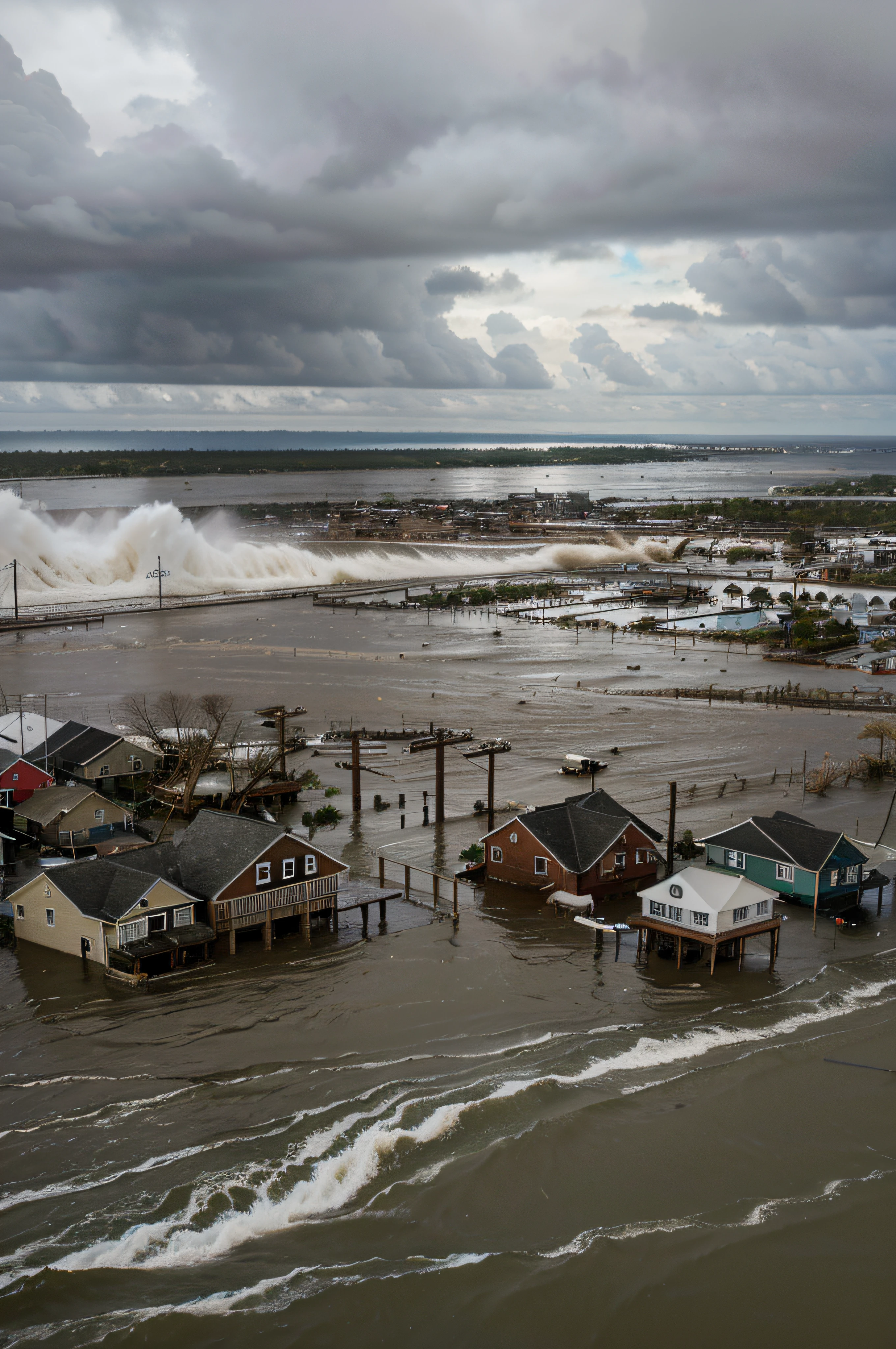 a waterfront town hit by storm surge from a hurricane and flooded