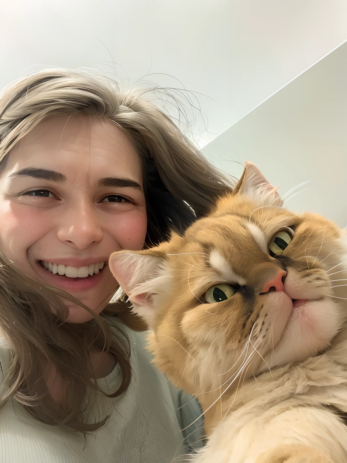 mulher sorridente segurando um gato com cabelo comprido e camisa branca, bochechas grandes segurando seu gato, mulher e gato, Com Garfield, o gato dos desenhos animados, segurando um gato, happily smiling at the camera, Directed by: Emma Andijewska, Looking directly at the camera, Garfield Cara de Gato, winking at the camera, she is holding a cat in her arms, tirar uma selfie