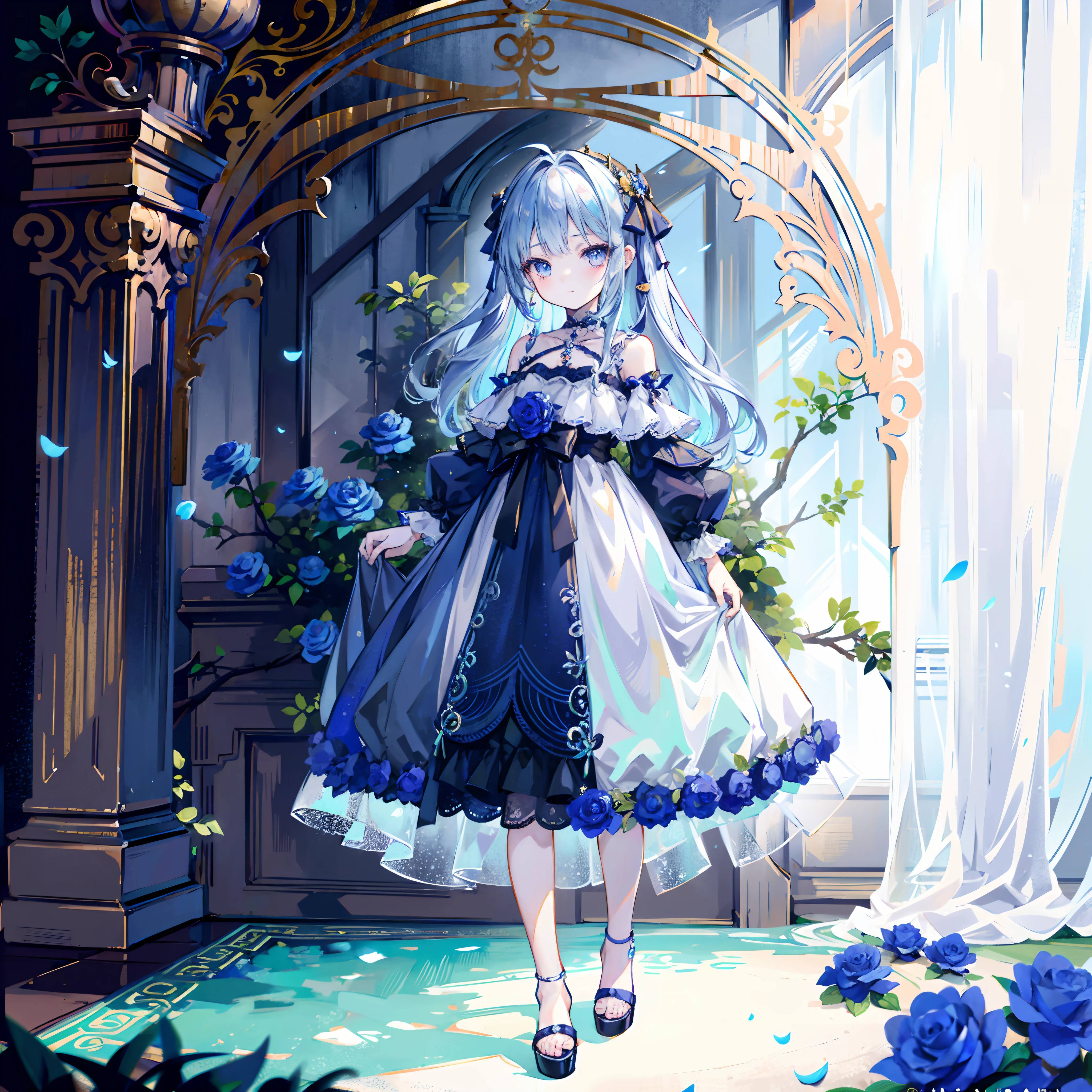 (Masterpiece), (Best quality), (1 girl)), Amazing, Beautiful detail eyes, Fine details, Depth of field, Original, ((Best quality)), ((Super detailed)), (Best Illustration), (BEST lighting, Best shadow), (Very delicate and beautiful)), Very detailed wallpaper, Dream background, landscape, young girl, , full bodyesbian, Single, Petite, Gothic, Sapphire eyes, long and flowing hair,Paired with half a sapphire, ahoge, Wavy shoulder-length sapphire hair, Sapphire hair accessories , Blue rose