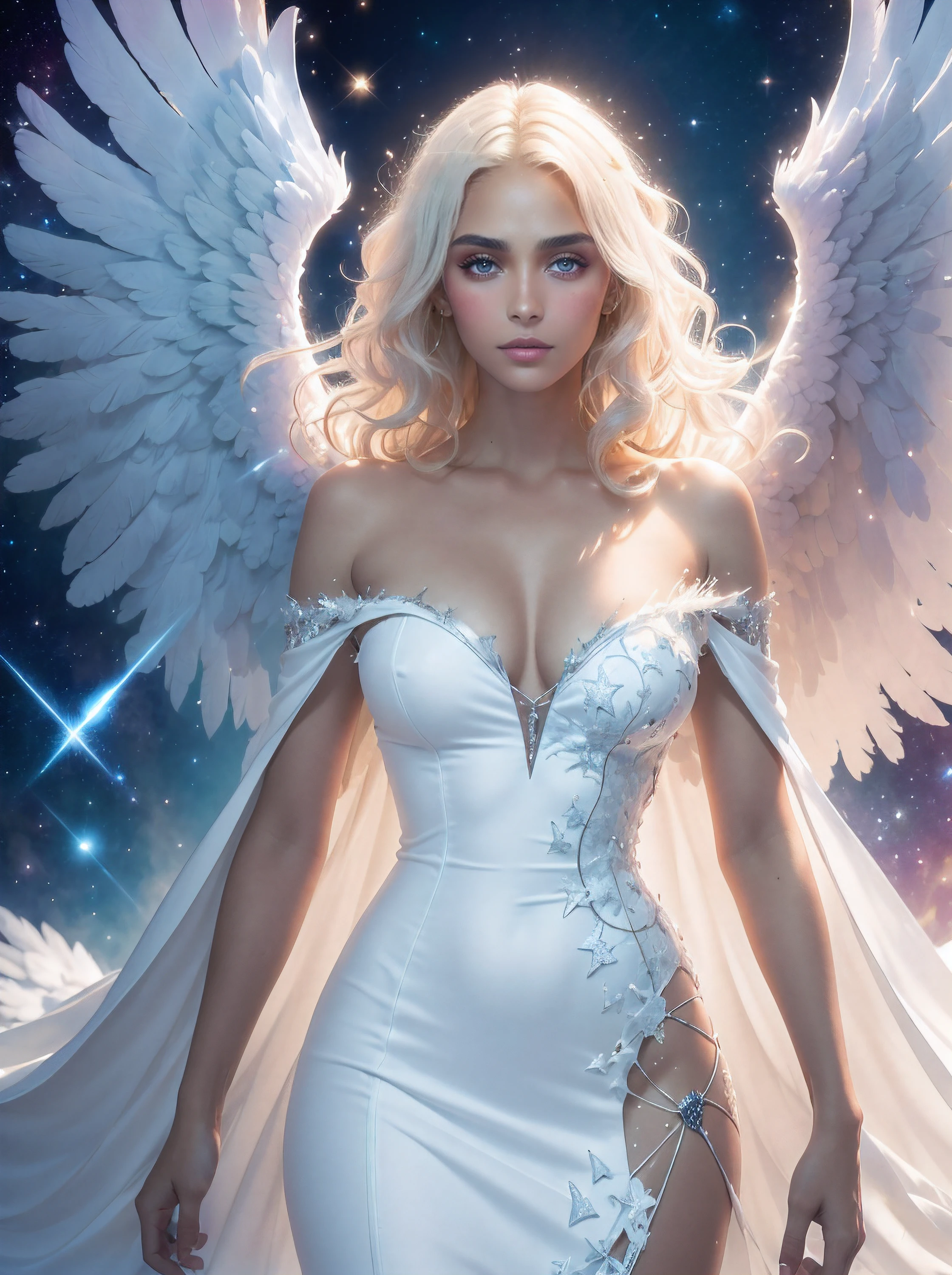 (tmasterpiece), (beste-Qualit:1.4), Direct view, [:intricate detials:0.2], Extremely detailed, (s fractal art: 1.3), Colorful, As detailed as possible, large natural breast, Very very long white hair, Sleepy gaze, Developing hair, A shot between the hair, white short sheer dress with sleeves, (gap between the thighs:1.1), (high skin detail: 1.2), angel, nimbus, Huge angel wings, The sky, Shimmering aura, Intense Focus, Crackling energy, Mysterious symbols, Sparkling specks of dust,