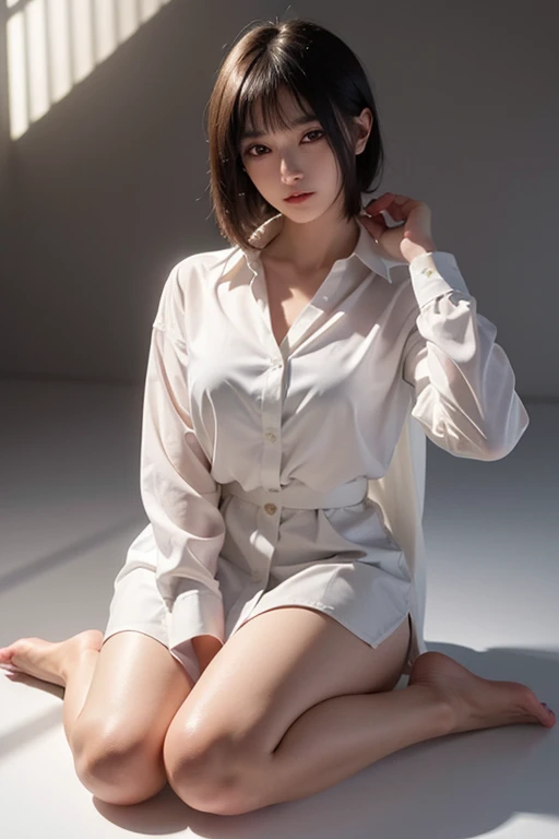 a 18 year old face of the most beautiful actress in the world, the perfect body proportions of a female, only formal shirt being worn on upper body is tight thanks to large breasts, labia under clitoris are seen through white panties between opened legs, short hair cut above the ears for a female, sitting on a chair with spread legs, only panties are worn on lower body, at the city street, best quality, highly detailed, masterpiece, ultra high res, photo realistic, 8k