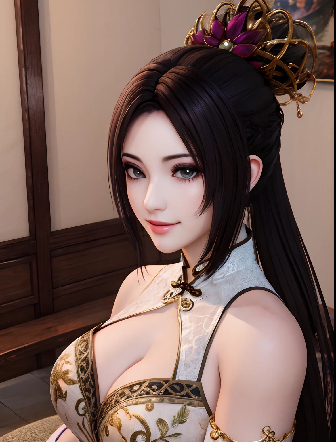 (1girl in:1.2), looking at the viewers, Solo,breasts, cleavage of the breast, A smile, (Fishing Hanging:1.2) , hetero, (1girl in:1.15), chinese architecture, at bedroom, spring \(season\), Solo Focus, shot,, sexy pose (1girl in:1.15), masutepiece, Best Quality, Perfect Lighting, Emphasis on the chest, ((The upper part of the body, portraitures))