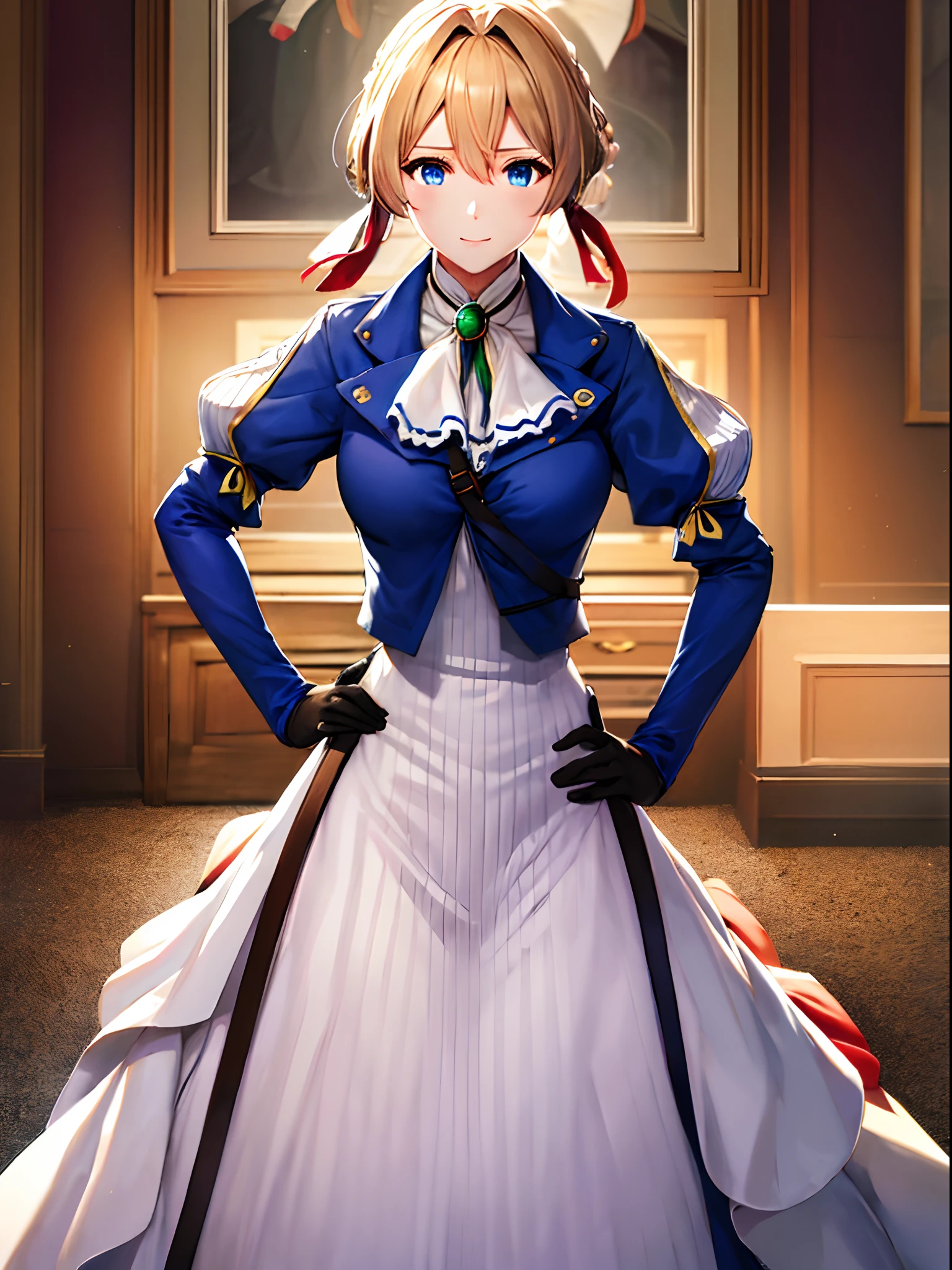 hight resolution,[8k picture:1.15]、 [3D images:1.15]、 1girl in, 独奏、Hands on the hips、Violet Evergarden, blondehair, Blue eyes, Hair Ribbon, bow ribbon, Short hair, Braids, hair braids, Red Ribbon,Blake Blue Jacket,  Cropped jacket, Dress, gloves, Green brooch, Jacket, juliet sleeves, Long sleeves, Puffy sleeves, Show to the audience、front-facing view、Absolute references、vivid hues、Beautiful background、Cute smile、