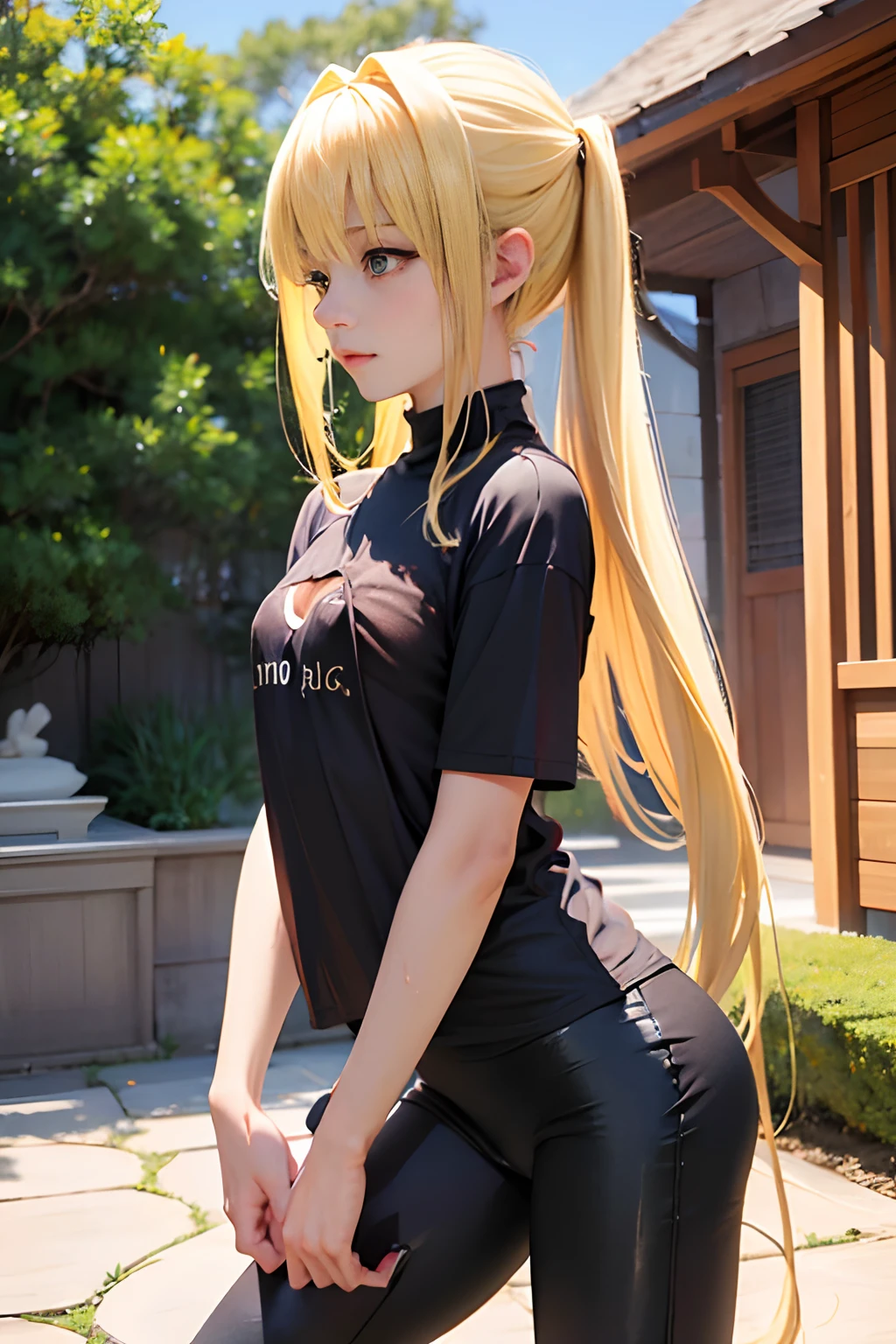 realisticlying、女の子 1 人、a blond、Longhaire、Twin-tailed、radiant eyes、small tits、((Wet T-shirt)), pointed Nipple、((yoga pant))、Taken from the front,