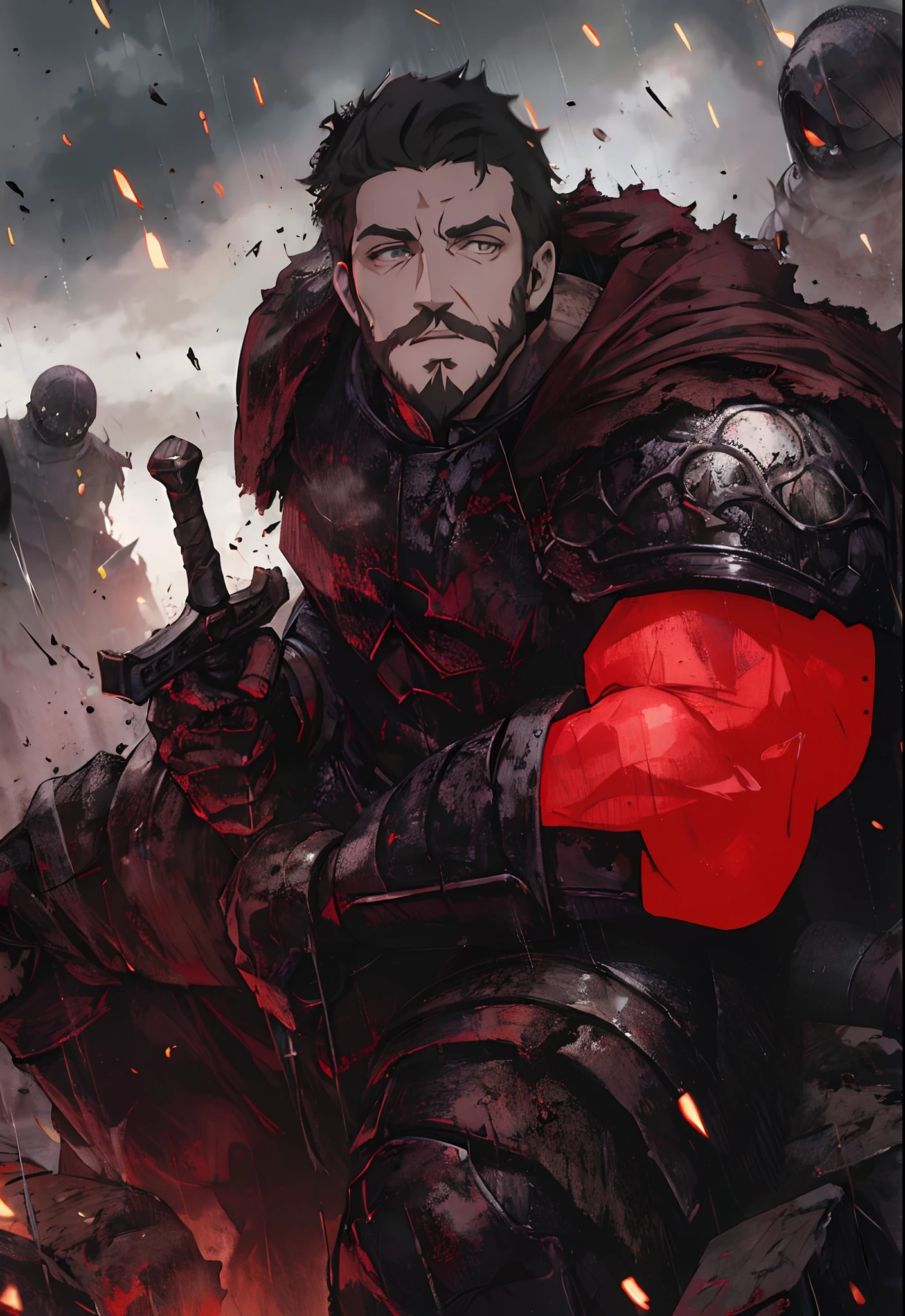 Homem, barba,vestindo uma armadura negra, segurando uma adaga , acentuado, fogueira, blusa vermelha