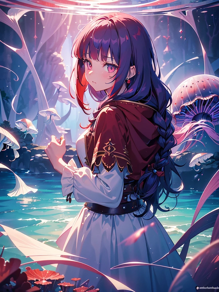 ((((Princess of Moonberg)))), ((1little girl)), 13years, ((drooing eyes)),(((deep purple hair))), ((Blunt bangs)), (Fluffy long hair), (twin braids), (Deep red eyes), Pearl earrings,
((((red hood)))), (Lotto emblem on the hood), (((Red Stall))), ((White robe with red edging)),
Holding a magic wand in her left hand,
masutepiece, Best Quality, (the Extremely Detailed CG Unity 8K Wallpapers), (Best Quality), (Best Illustrations), (Best Shadows), Marine theme with natural elements. Tall mangroves, Abundance of marine plants, Glowing jellyfish, Surrounded by schools of fish, glowing particle effects,, (Marine Plants), (Sea theme), ((Luminescent algae)), (coral), ((Glowing jellyfish )), ((Creatures glowing in seawater)), ((Thunderbolt)), (((Particle effect))), Isometric 3D, Octane Rendering, Ray tracing, super detailed