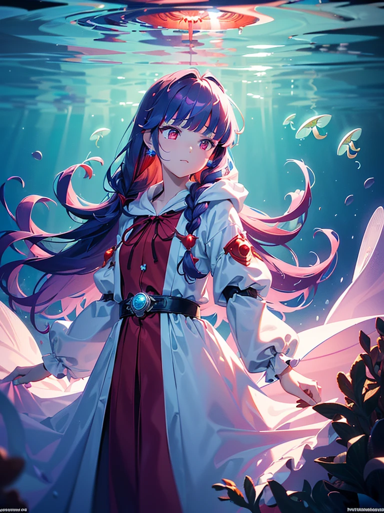 ((((Princess of Moonberg)))), ((1little girl)), ars, ((drooing eyes)),(((deep purple hair))), ((Blunt bangs)), (Fluffy long hair), (twin braids), (Deep red eyes), Pearl earrings,
((((red hood)))), (Lotto emblem on the hood), (((Red Stall))), ((White robe with red edging)),
Holding a magic wand in her left hand,
masutepiece, Best Quality, (the Extremely Detailed CG Unity 8K Wallpapers), (Best Quality), (Best Illustrations), (Best Shadows), Marine theme with natural elements. Tall mangroves, Abundance of marine plants, Glowing jellyfish, Surrounded by schools of fish, glowing particle effects,, (Marine Plants), (Sea theme), ((Luminescent algae)), (coral), ((Glowing jellyfish )), ((Creatures glowing in seawater)), ((Thunderbolt)), (((Particle effect))), Isometric 3D, Octane Rendering, Ray tracing, super detailed