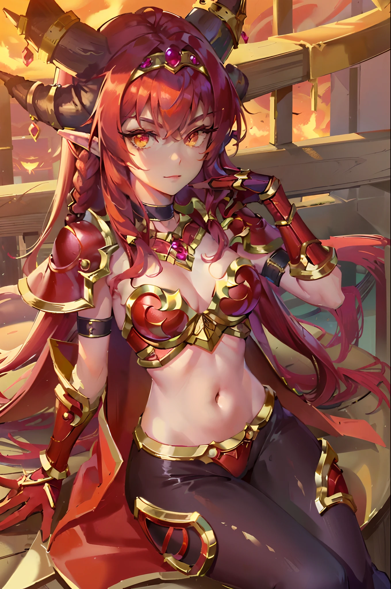 (masterpiece, best quality:1.3)
WowAlexstrasza, 1girl, solo, long hair, breasts, looking at viewer, smile, gloves, navel, medium breasts, sitting, closed mouth, braid, horns, choker, midriff, pants:1.3, cape, armor, orange eyes, fire, shoulder armor, red cape