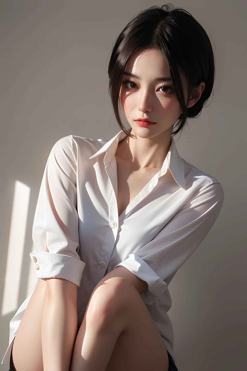 超A high resolution,masutepiece,Best Quality,
extremely delicate face,Detailed eyes,very intricate,perfect glossy shiny skins,Perfect Lighting,Detailed Lighting,Dramatic shadows,Ray tracing,
1girll,full body Esbian,white oversized button up shirt,view the viewer,Cyberpunk