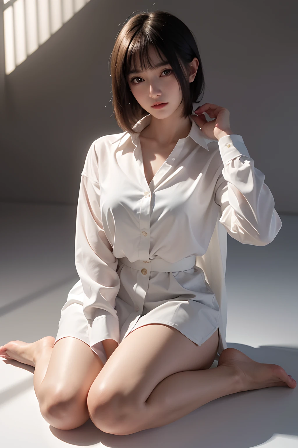 超A high resolution,masutepiece,Best Quality,
extremely delicate face,Detailed eyes,very intricate,perfect glossy shiny skins,Perfect Lighting,Detailed Lighting,Dramatic shadows,Ray tracing,
1girll,full body Esbian,white oversized button up shirt,view the viewer,Cyberpunk