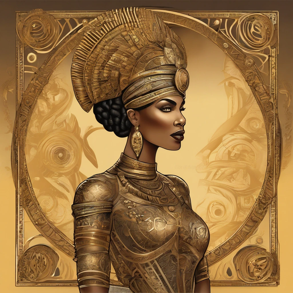 best quality, portrait of a beautiful, curvy woman with in futuristic headdress inspired by an ancient egypt queen Cleopatra, Tutankhamun, normal skin type, slightly brown skin, snake, gold, silver, stones, scarab beetle, microchips, integrated electric circuits, cabels, electric glow, retro futurism, beach in sunset, warm glowing sunset, palm trees, mecha-girl, human machine integration, long skirt in gold, in her hand she is holding a golden spire, posing by a palm tree