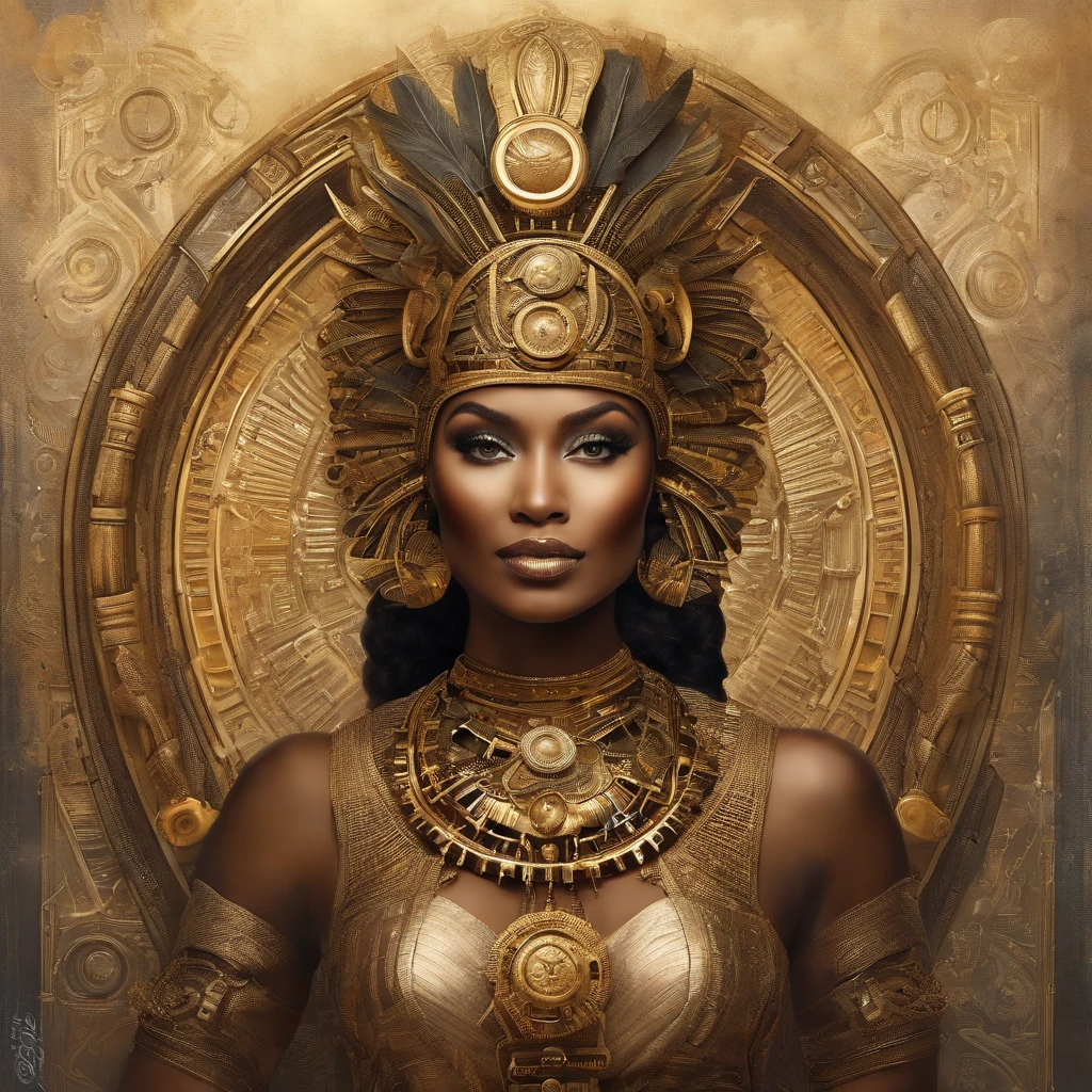 best quality, portrait of a beautiful, curvy woman with in futuristic headdress inspired by an ancient egypt queen Cleopatra, Tutankhamun, normal skin type, slightly brown skin, snake, gold, silver, stones, scarab beetle, microchips, integrated electric circuits, cabels, electric glow, retro futurism, beach in sunset, warm glowing sunset, palm trees, mecha-girl, human machine integration, long skirt in gold, in her hand she is holding a golden spire, posing by a palm tree
