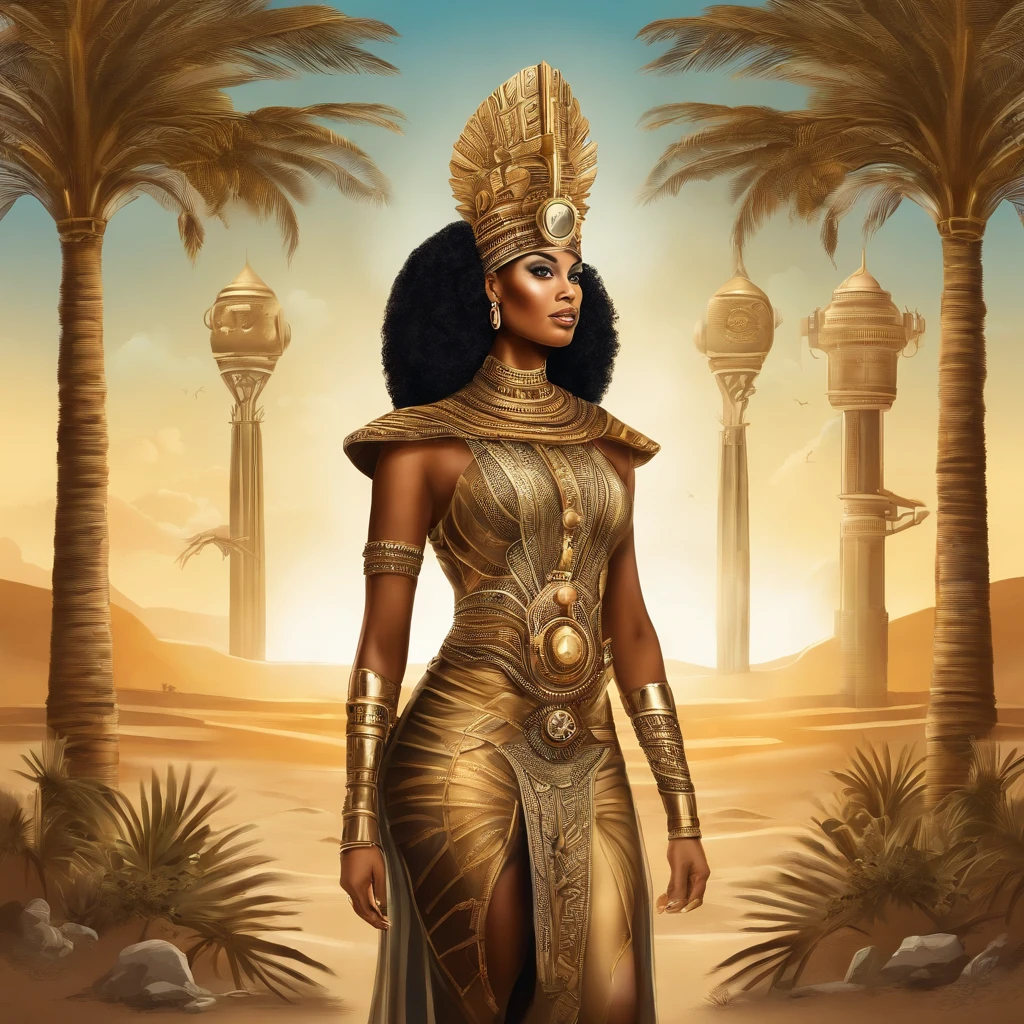 best quality, portrait of a beautiful, curvy woman with in futuristic headdress inspired by an ancient egypt queen Cleopatra, Tutankhamun, normal skin type, slightly brown skin, snake, gold, silver, stones, scarab beetle, microchips, integrated electric circuits, cabels, electric glow, retro futurism, beach in sunset, warm glowing sunset, palm trees, mecha-girl, human machine integration, long skirt in gold, in her hand she is holding a golden spire, posing by a palm tree