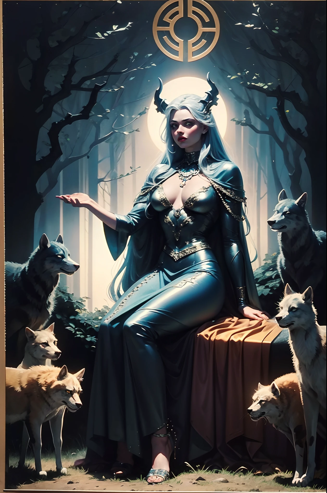 1990s \(style\), retro artstyle, (full body shot), Hel from Norse mythology sitting in some dark spooky woods talking to the spirit of animals