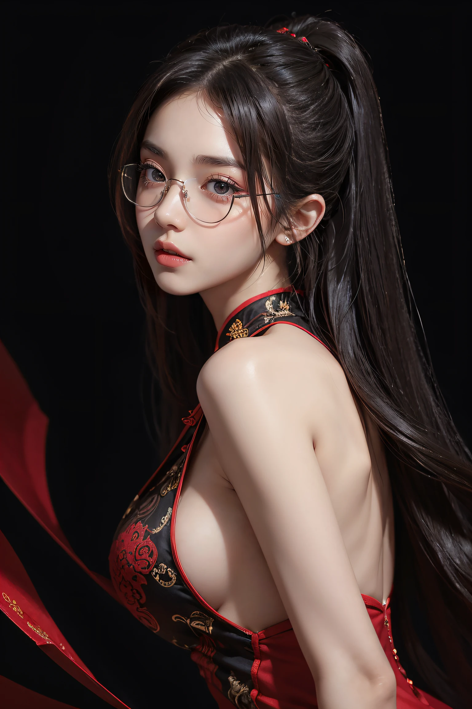 petite girl , Red Cheongsam , nipple ,  nsfw , Long hair , Delicate and beautiful eyes , Realistic: , Highest quality , Masterpieces , Scattered hair , Black background , spectacled , portrait of a , big size ass , large full breasts