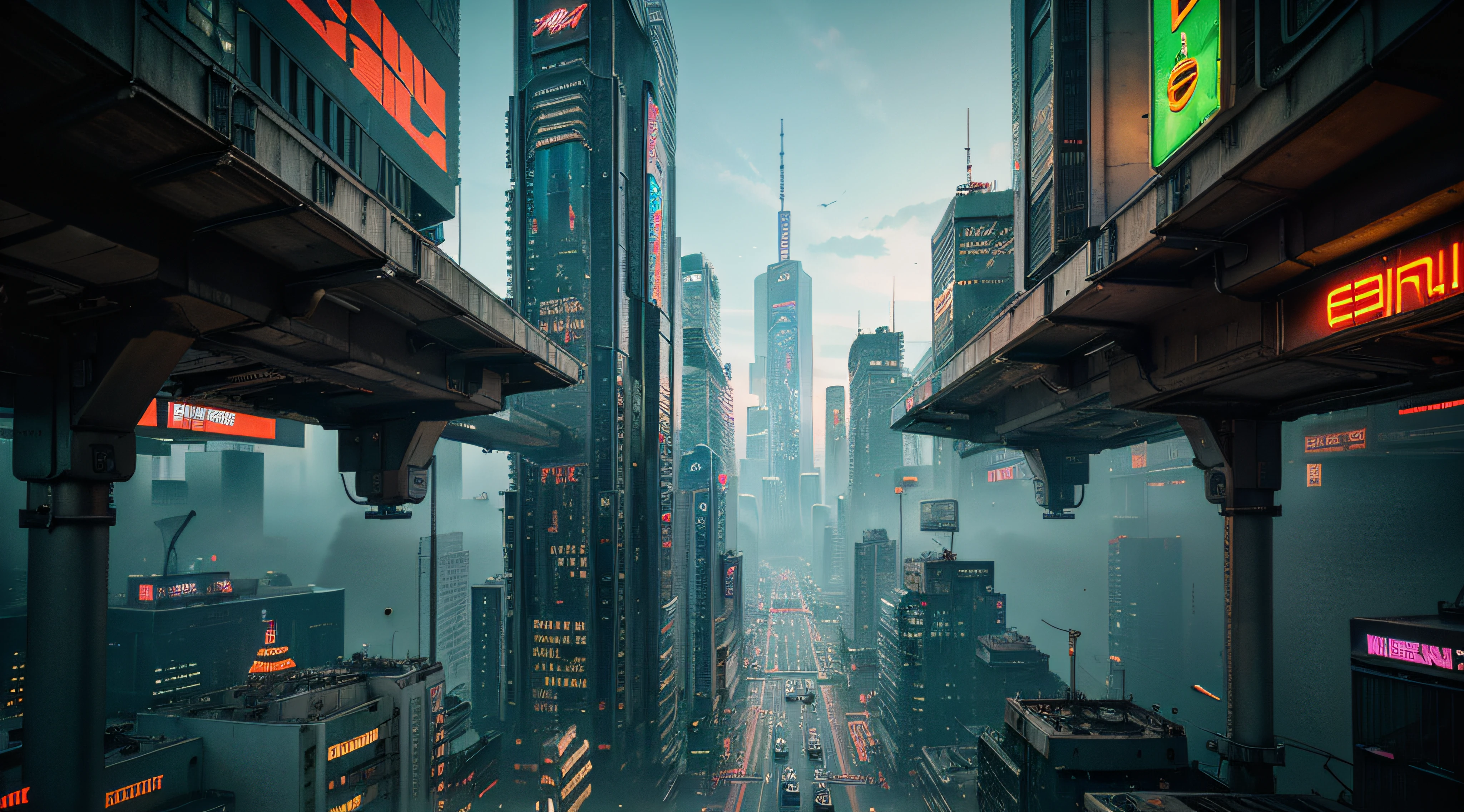 Create images of futuristic urban landscapes with a cyberpunk atmosphere. Focus on the tall skyscrapers, the neon lights emanating from the shops, and the busy street grid of flying vehicles