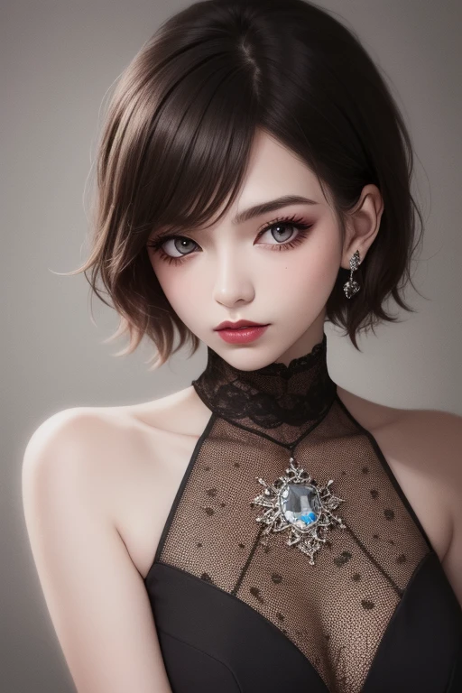 Digiart style, 1girl in,Short hair,Jewelry, monochromes, grayscales,makeup, watermarked, Piercing