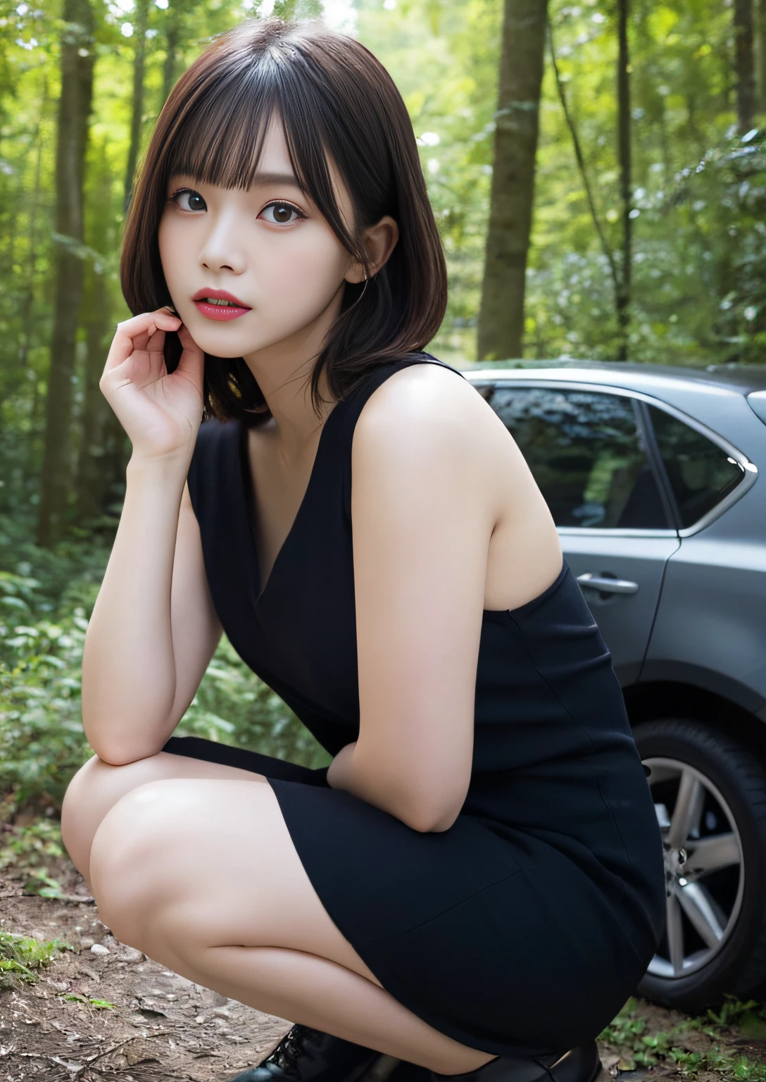 finely detail, hight resolution, hightquality、Perfect dynamic composition, Beautiful detailed eyes, Bob Layer Cut、In the deep forest、Trees are visible、Squatting、frombelow、Unclean,Blackback、Black Dress, I see the car、I see a man、Black bag、best qualtiy, ighly detailed,Natural Color Lip, 28 year old、1 persons、Transparent skin、Glowing hair、a miniskirt、beauty legs、Facial twitches、glares、irate、