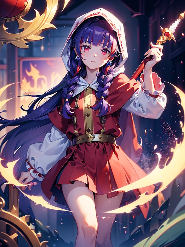 ((((Princess of Moonberg)))), ((1little girl)), ars, ((drooing eyes)),(((deep purple hair))), ((Blunt bangs)), (Fluffy long hair), (twin braids), (Deep red eyes), Pearl earrings,
((((red hood)))), (Lotto emblem on the hood), (((Red Stall))), ((White robe with red edging)),
Holding a magic wand in her left hand,
masutepiece, Best Quality, (the Extremely Detailed CG Unity 8K Wallpapers), (Best Quality), (Best Illustrations), (Best Shadows), (((Particle effect))), Isometric 3D, Octane Rendering, Ray tracing, super detailed