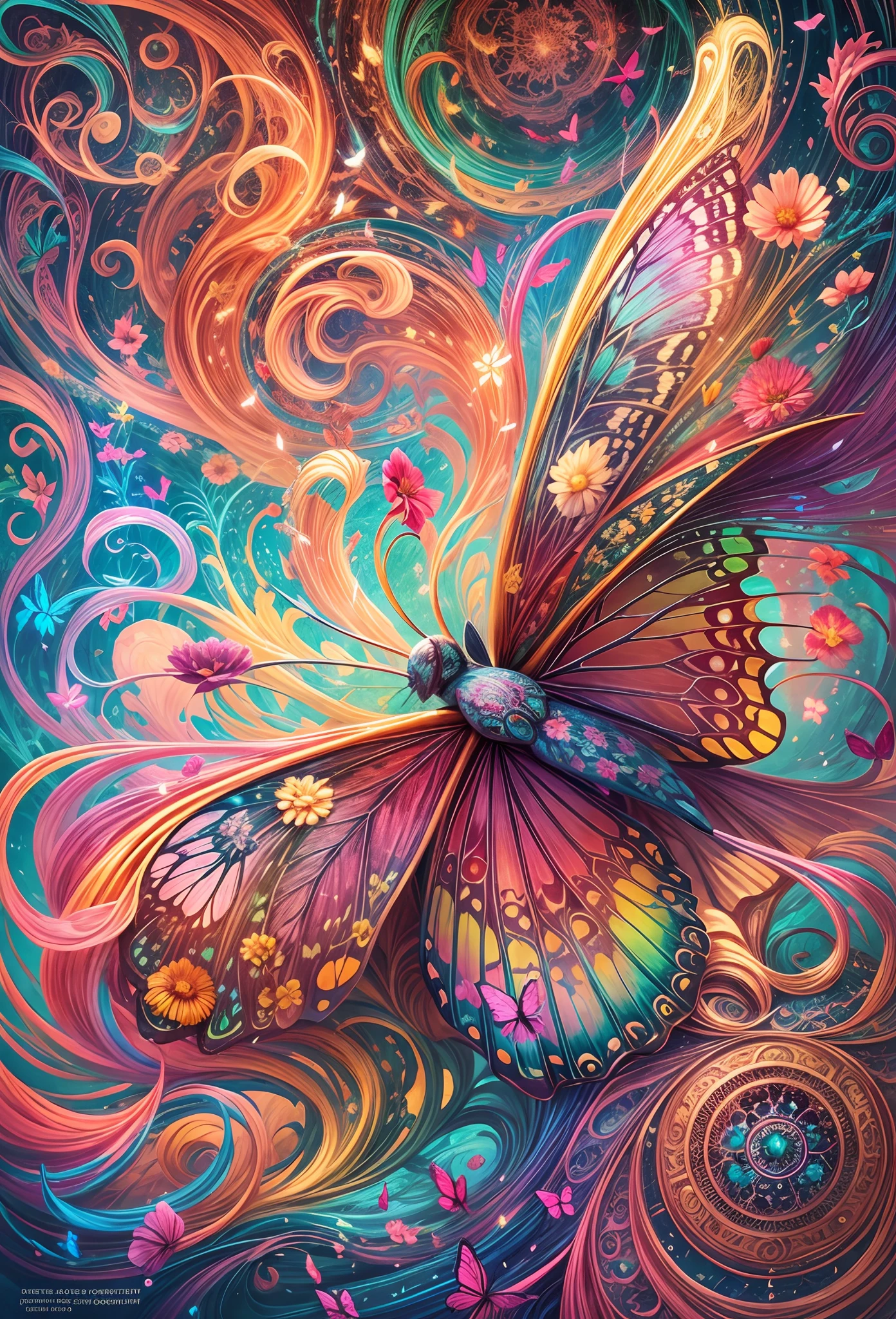 Brightly colored butterflies，blue and pink wings surrounded by flowers, Beautiful digital artwork, beautiful digital art, beautiful gorgeous digital art, colorfull digital fantasy art, harmony of butterfly, 4k highly detailed digital art, Very Beautiful Digital Art, beautiful digital painting, Beautiful digital illustration, Butterfly, 8K high quality detailed art, gorgeous digital art, Beautiful art UHD 4 K, on the garden