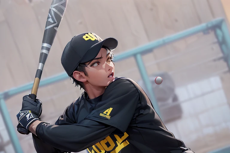 (Baseball,Sport,athlete,Black uniform,Baseball bat,yellow text,QB logo on cap,Black hair,Short hair) (Best Quality,4K,hight resolution,Ultra-detailed,Realistic:1.37) (Portrait,action) (Vivid colors) (Warm lighting)