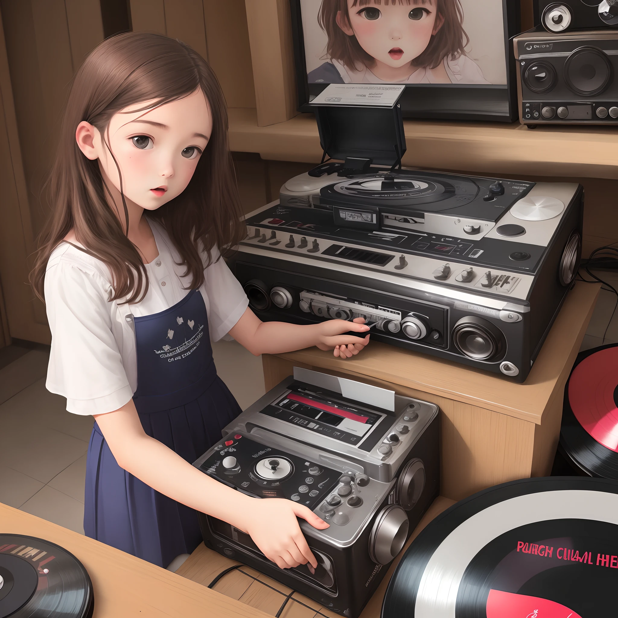 a girl's chopped head on a vinyl recorder