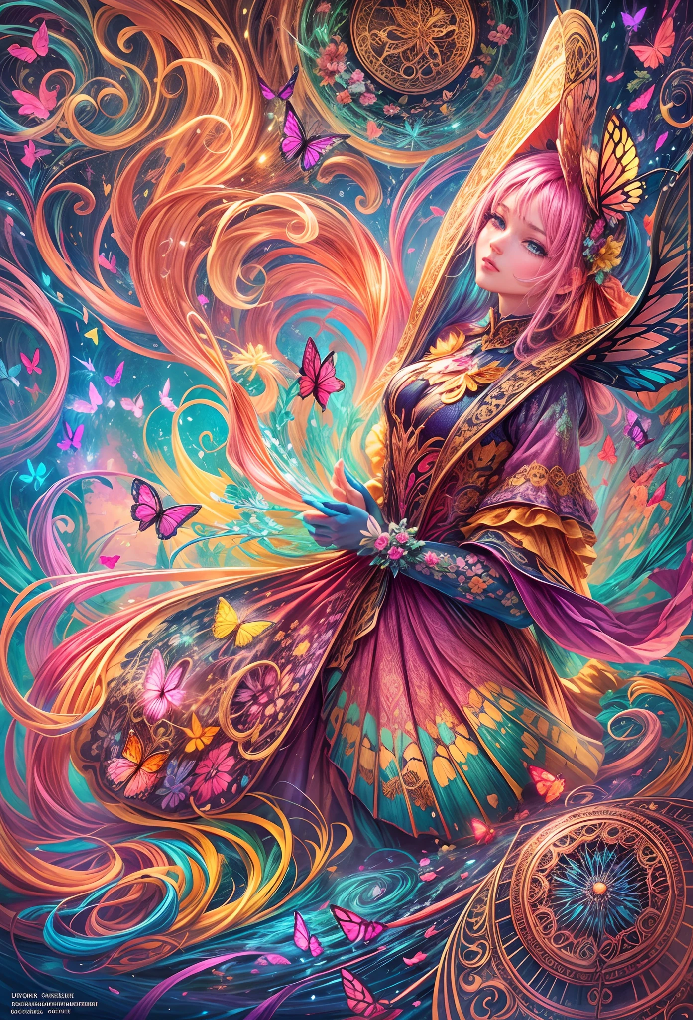 Brightly colored butterflies，blue and pink wings surrounded by flowers, Beautiful digital artwork, beautiful digital art, beautiful gorgeous digital art, colorfull digital fantasy art, harmony of butterfly, 4k highly detailed digital art, Very Beautiful Digital Art, beautiful digital painting, Beautiful digital illustration, Butterfly, 8K high quality detailed art, gorgeous digital art, Beautiful art UHD 4 K, on the garden