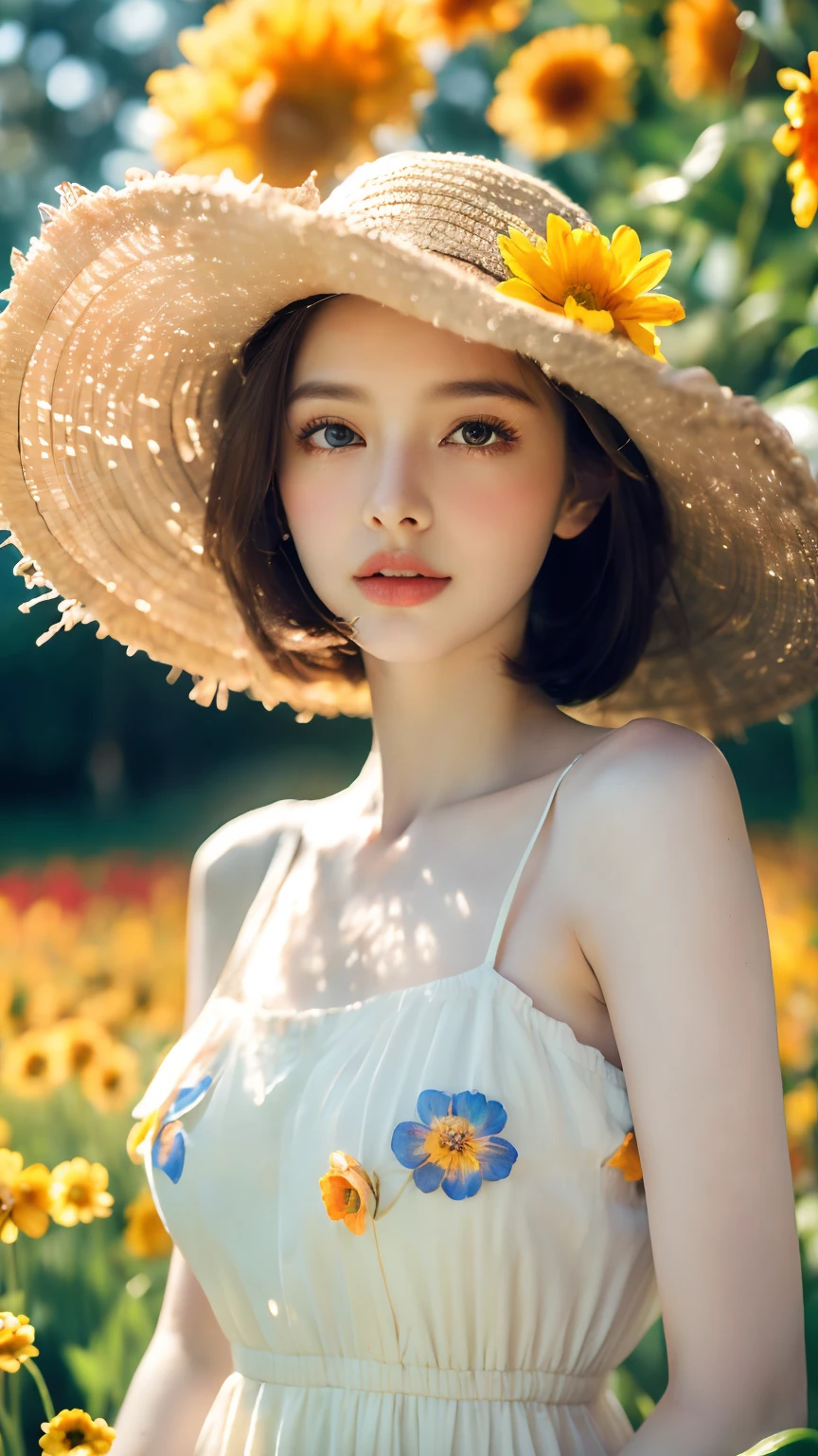 (best quality,masterpiece:1.2,ultra-high resolution,upper body,realistic,beautiful girl,girl in a flower field,detailed eyes,elaborate,pale skin,bokeh)