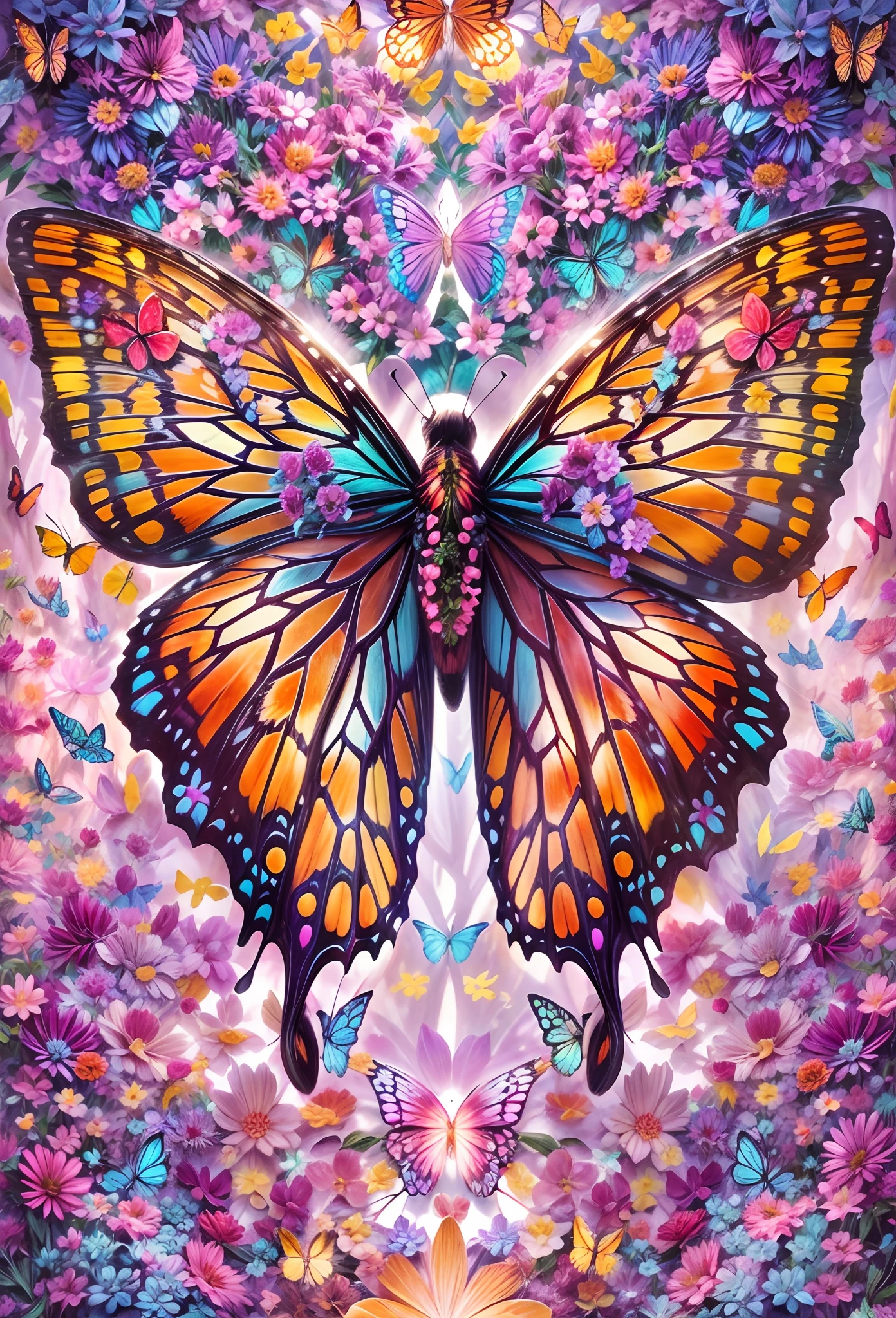 Brightly colored butterflies，Blue and pink wings surrounded by flowers, Beautiful digital artwork, beautiful digital art, beautiful gorgeous digital art, colorfull digital fantasy art, harmony of butterfly, 4k highly detailed digital art, Very Beautiful Digital Art, beautiful digital painting, Beautiful digital illustration, Butterfly, 8K high quality detailed art, gorgeous digital art, Beautiful art UHD 4 K, on the garden