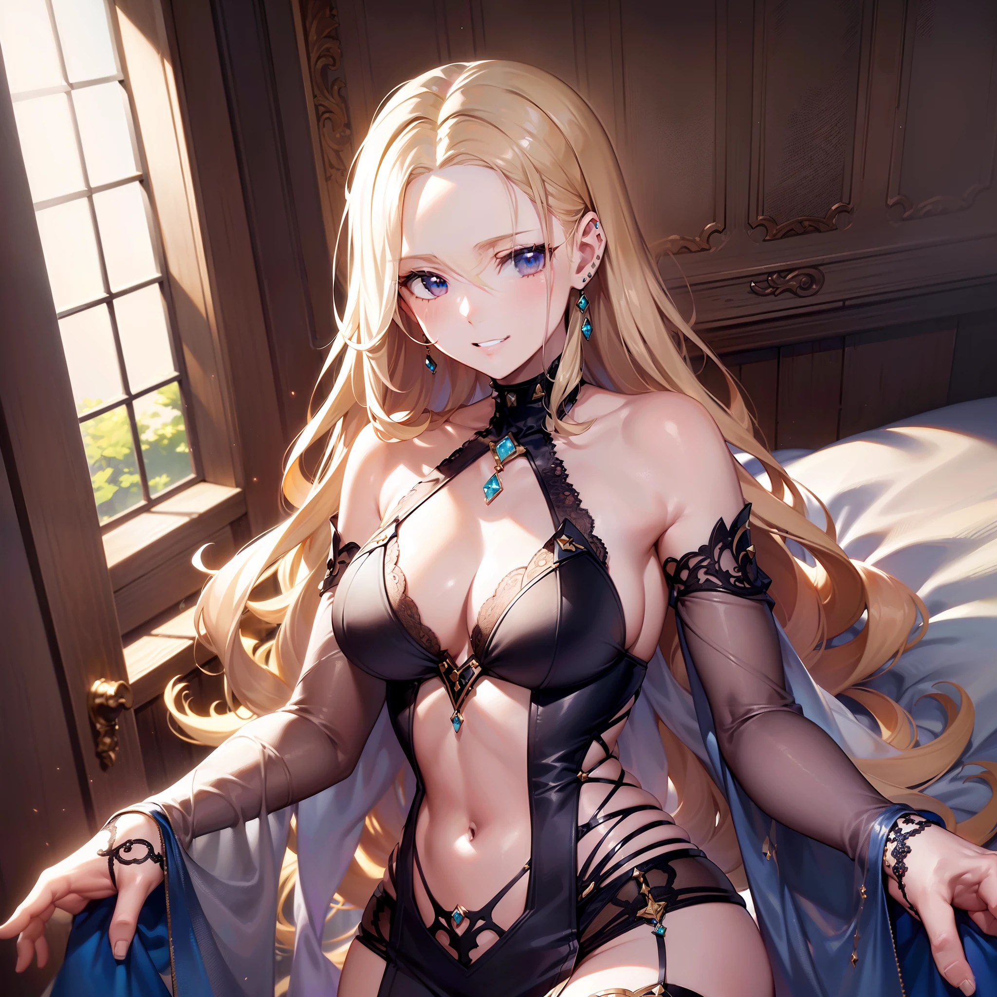 ((masuter piece:1.5)),((Finest quality)),(super precision),32k images,Highest level of resolution,natural soft light:1.5,Wind manipulation:1.4,Dramatic,eroticism,Fantasyart,((perfect anatomia:1.5)),(Perfect depiction, Unbroken body:1.5),sharpnes:1.3,Clair:1.1,Detailed down to the smallest detail,Phenomenal depiction,Top quality anime,((1 adult female),((pale blonde hair)),((dame),nobles:1.6,Slim and well-proportioned body,Clean face,pretty skin,confident grin:1.4,Awe-inspiring Hall々:1.3,(Luxurious and beautiful dresses with detailed details:1.6,Beautiful lace with detailed and detailed details,Studded Gemstones,)jewely:1.5