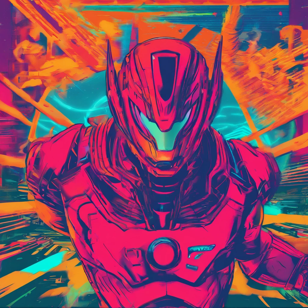 Ultraman&#39;s character statue ， （Best quality， tmasterpiece）， 1人， looking at viewert， face guard ， City smoke background， upper part of body， Contemporary，Ultraman Tiga clothing。[dot paper effect]