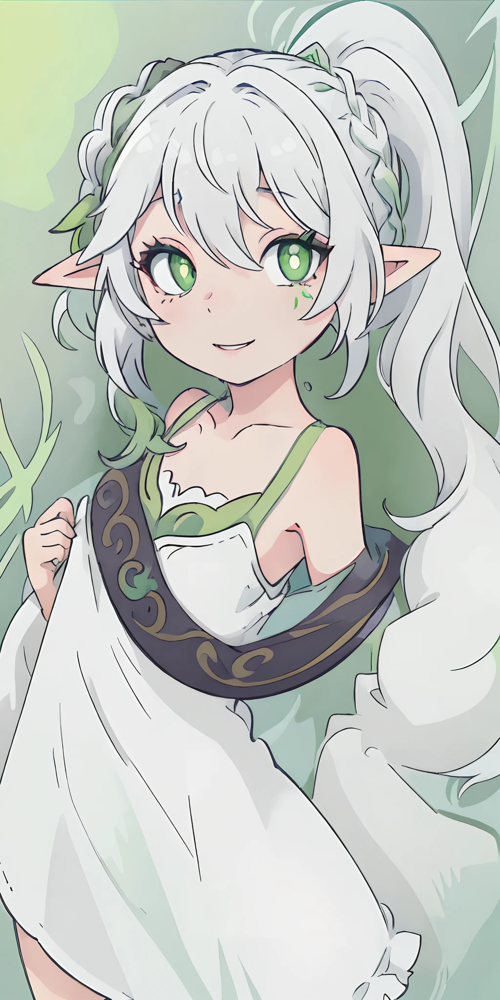 (masterpiece),  (expressive eyes:1.2), best quality, ultra-detailed, illustration, kawaii, cute, 1girl, nahidadef, standing, white hair, ponytail, hair piece (green), green and white theme dress, green eyes, smile, parted lips, cute, elf, perfect face, black background