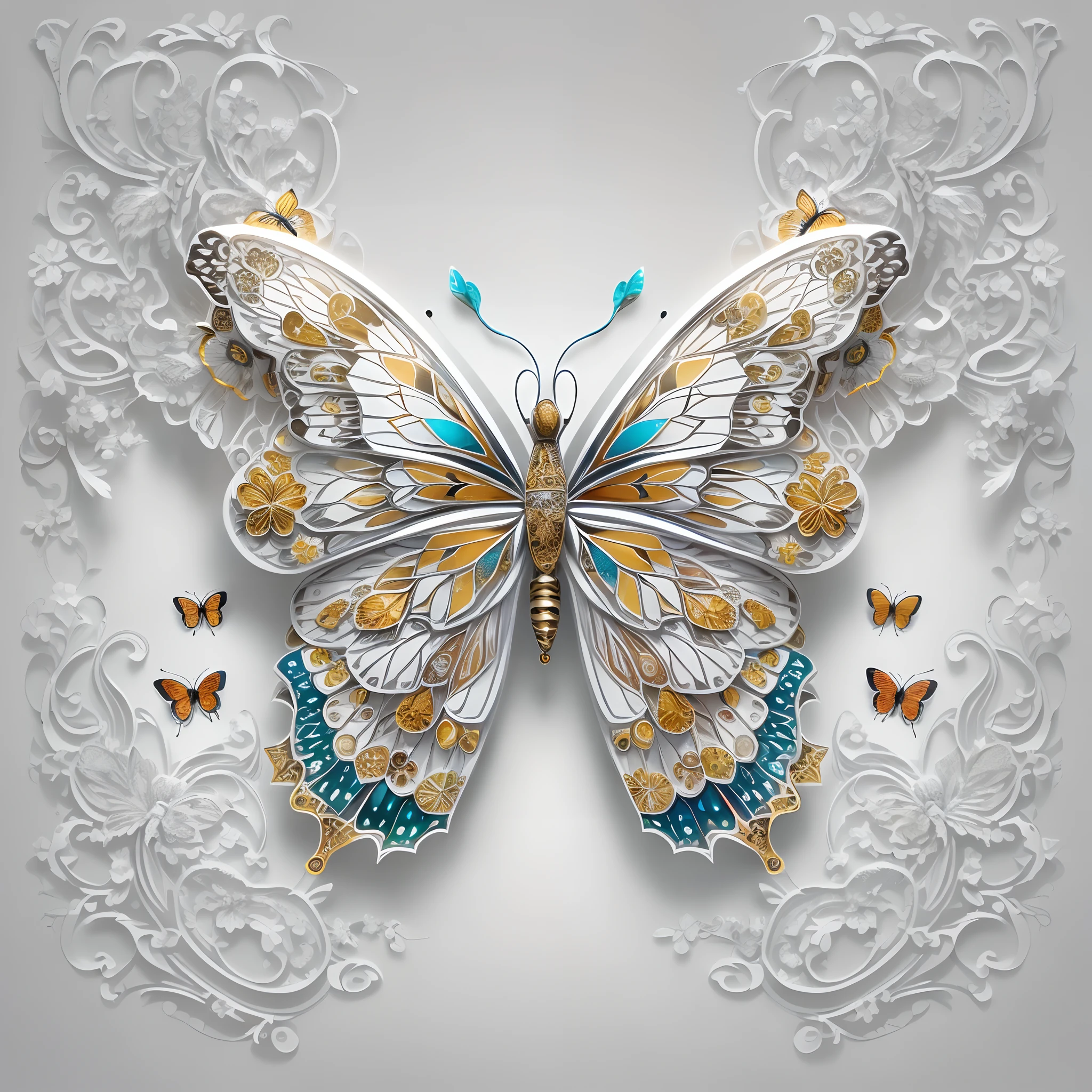 (White background: 1.4), (Symmetrical: 1.5), (Masterpiece butterfly, in the middle, Western elements), (European-chic illustration: 1.2, Vector painting: 1.2), (Western colors, premium color scheme), (Design Reasonable, Clean Lines, High Definition, Best Quality, Very Detailed, Masterpiece, Official Art, Cinematic Lighting Effects, 4K)