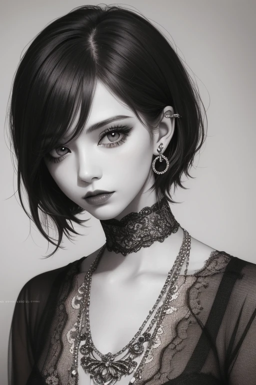 Digiart style, 1girl in,Short hair,Jewelry, monochromes, grayscales,makeup, watermarked, Piercing