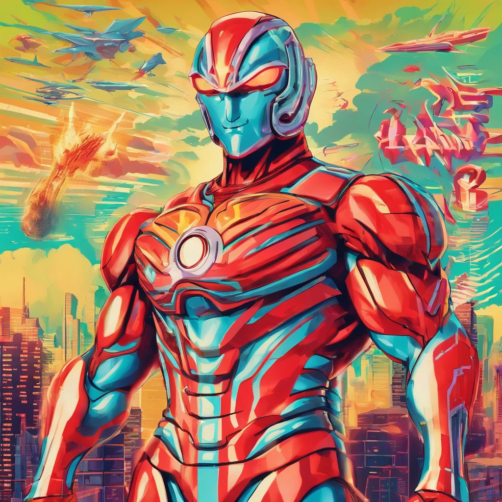 [ Amazing | astounding | delicated ] [Visually inspect the audience]Ultraman&#39;s character statue ， （Best quality， tmasterpiece）， 1人， looking at viewert， face guard ， City smoke background， upper part of body， Contemporary，Ultraman Tiga clothing。[dot paper effect]