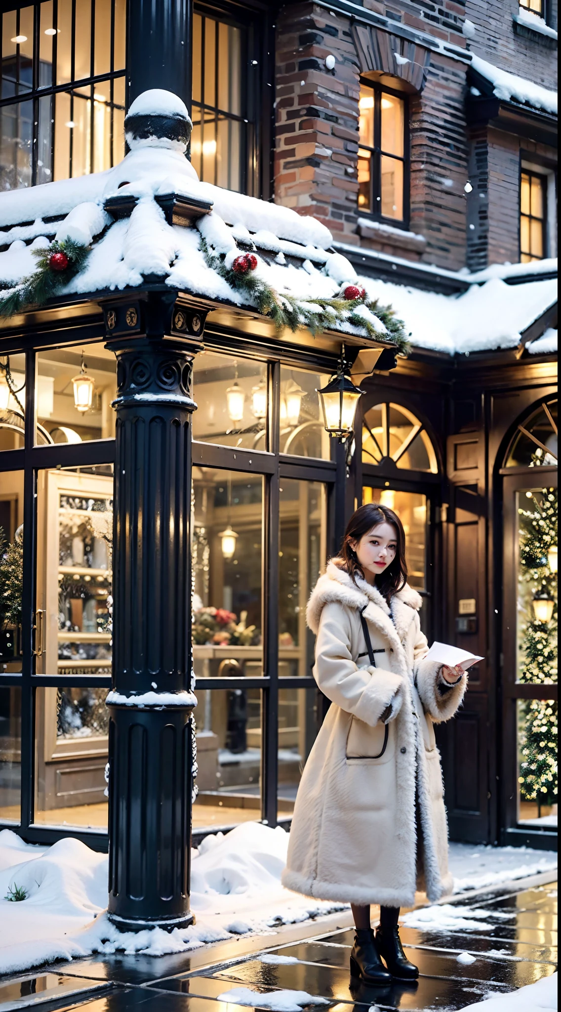 Realistic full body portrait of a woman in the center, Festive Christmas themed sea art set in the background. night cityscape, Shining with Christmas illuminations. gentle snow-covered scenery, Create a calm and fantastic atmosphere. The woman, Standing in the center, Wear warm winter clothes, be satisfied with beautiful things、looks peaceful, The sparkle of the city reflected in her eyes. Atmosphere reminiscent of a Christmas night by the sea, With the city lights shining on the water surface, add enchantment.